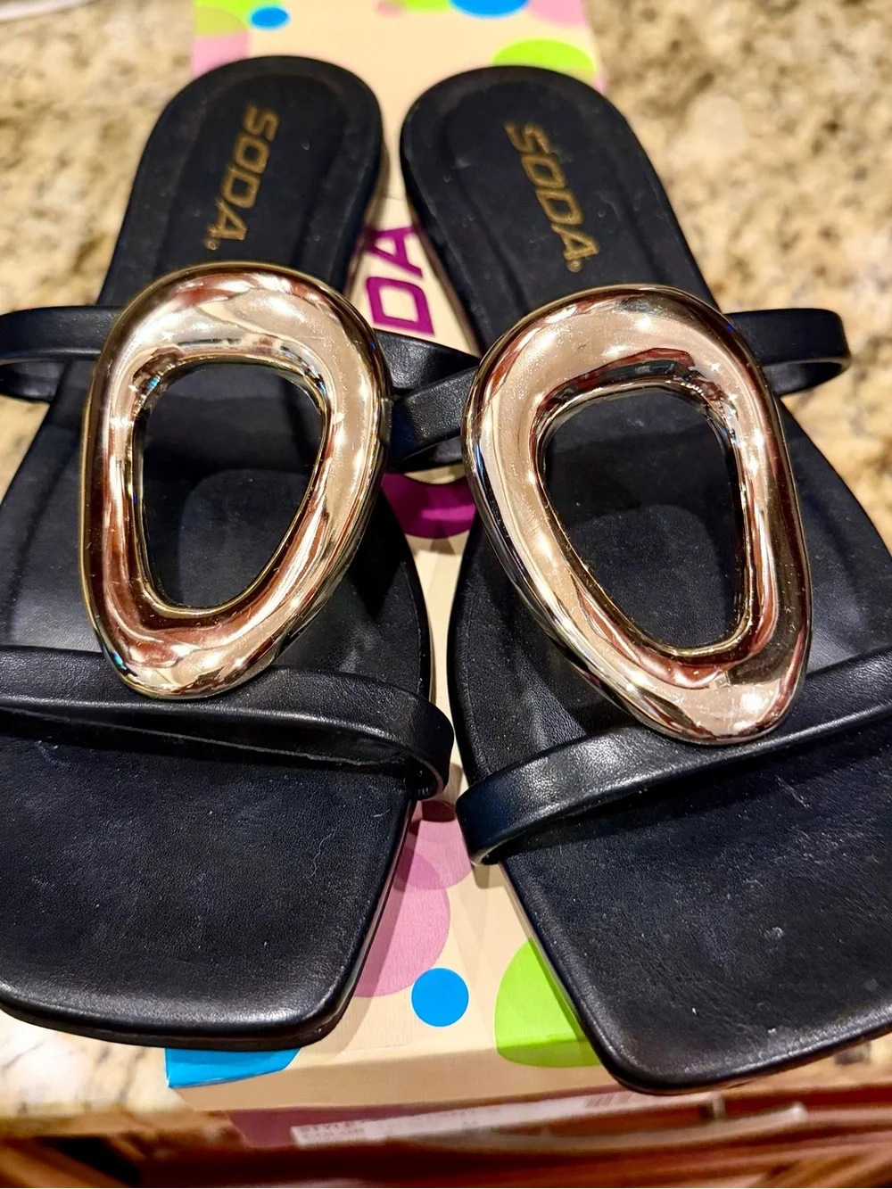 Soda Black Slide Sandals with Gold Oval Accent